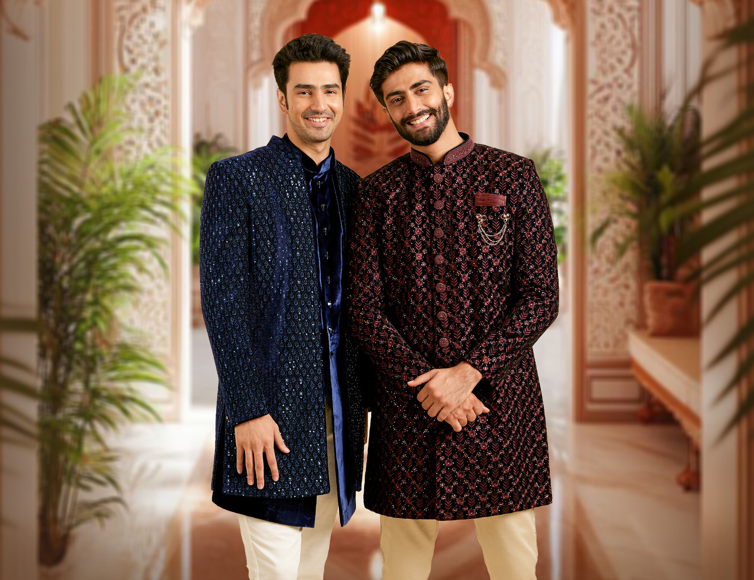 Groom in blue and brown sherani